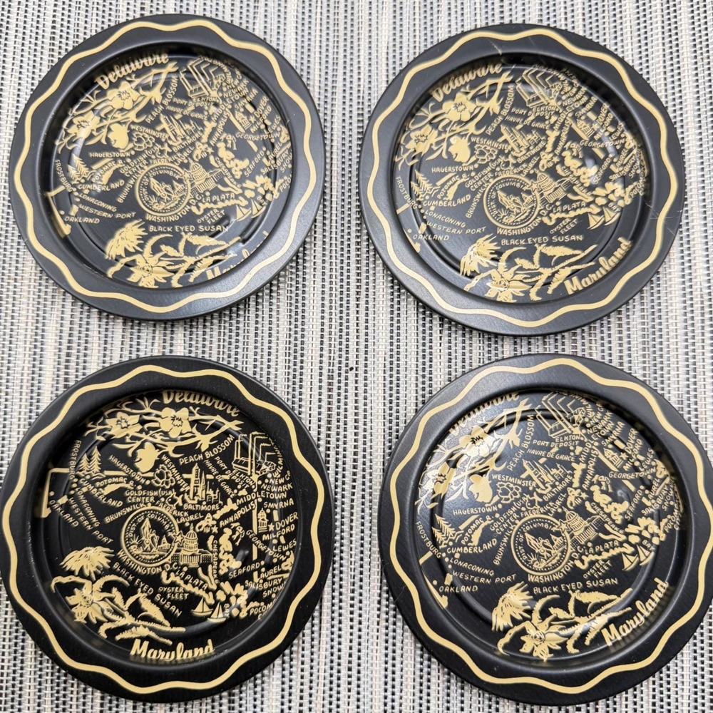 Vintage Maryland Delaware DC Souvenir Metal Coasters Set of 4 Black Gold Map Tin - Picture 2 of 5